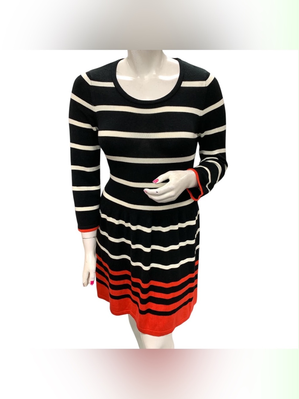 Sandra Darren Black, White & Red Striped Long-Sleeve Fit-and-Flare Dress Size L